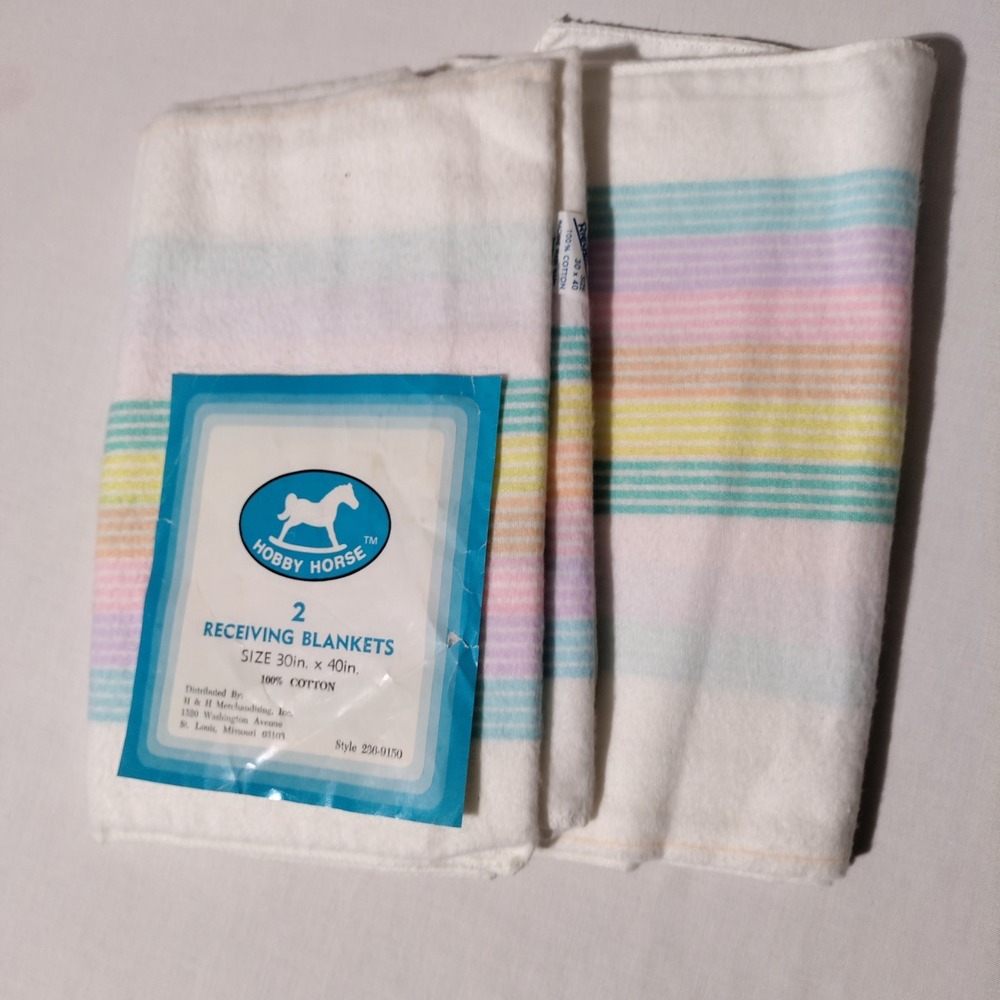 Hobby Horse Riegel Receiving Blankets 2pk Pastel Rainbow Stripe 30x40 USA VTG